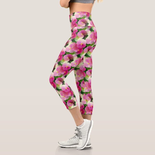 Leggings Capri Élégant Motif à fleurs rose et blanc Impatiens (Gauche)