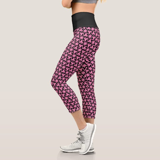Leggings Capri Élégant Motif d'étoile géométrique noir et rose (Gauche)
