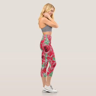 Leggings Capri Elégant Motif Rose Vintage - Rouge & Vert Floral
