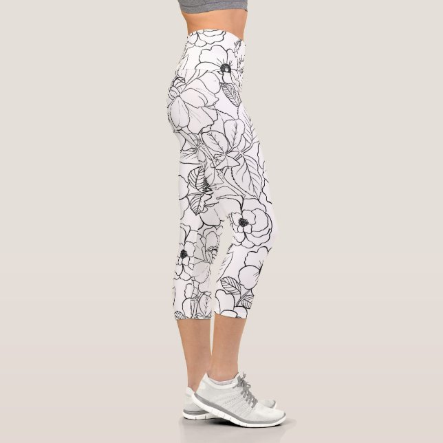 Leggings Capri Elégant noir blanc Rose ligne art floral (Droite)