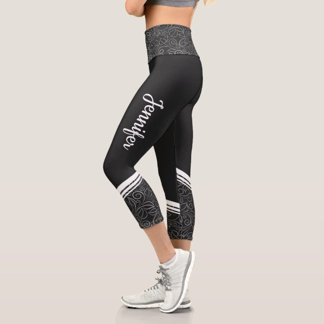 Leggings Capri Élégant noir floral blanc rayures et nom moderne (Gauche)