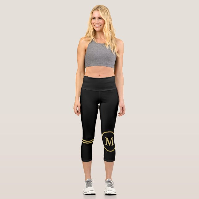 Leggings Capri Élégant or Monogramme personnalisé sur noir (Recto)