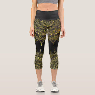 Leggings Capri Elégant or sur Soft Black Floral Henna Mandala