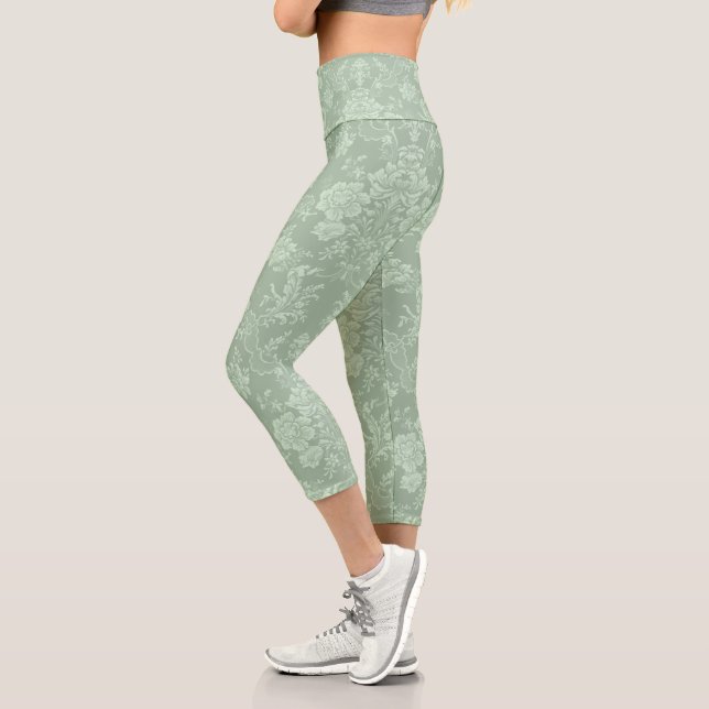 Leggings Capri Élégant Romantique Chic Floral Damask-Sage Vert (Gauche)