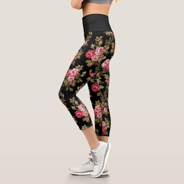 Leggings Capri Élégant rose Vintage Roses-Black Arrière - plan (Gauche)
