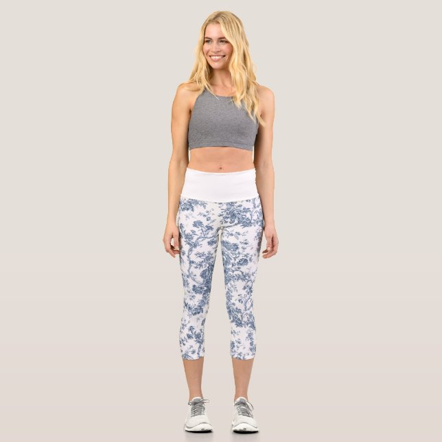 Leggings Capri Élégant Vintage Français gravé Floral Toile-Blue (Recto)