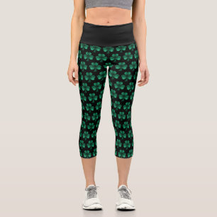 Leggings Capri Emerald Green Sparkles Shamrock motif noir