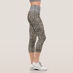 Leggings Capri Empreinte de léopard Gold Glittery sur Glossy Grey