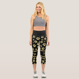Leggings Capri Empreintes de Patte Dorées sur Fond Noir avec Nom
