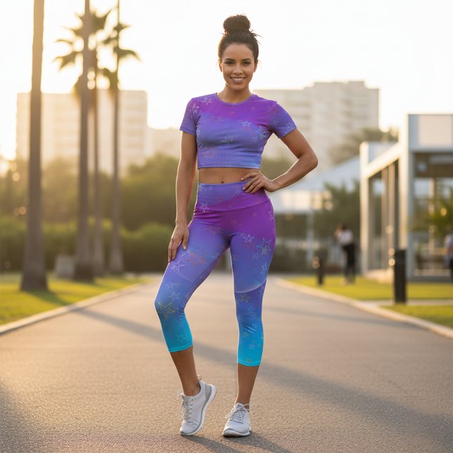 Leggings Capri Étoiles écartées Abstraites sur violet à bleu Ombr (Créateur téléchargé)