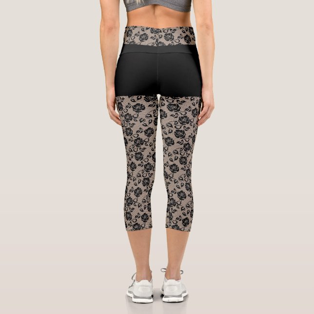 Leggings Capri Faux Black Rose Lace Fishnet et Short - Elégant (Verso)