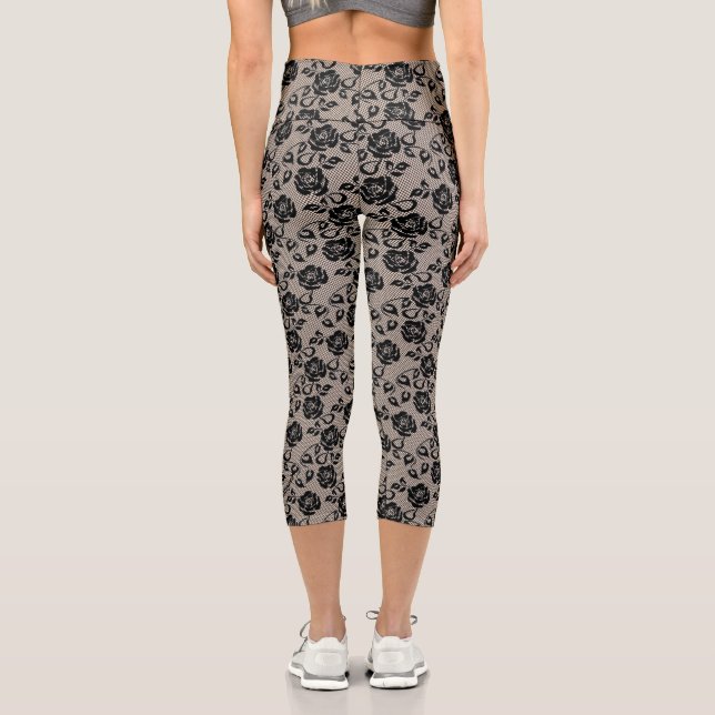 Leggings Capri Faux Black Rose Lace Fishnet - Romantique Élégant (Verso)
