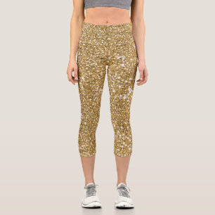 Leggings Capri Faux Golden Yellow Parties scintillant Texture Loo