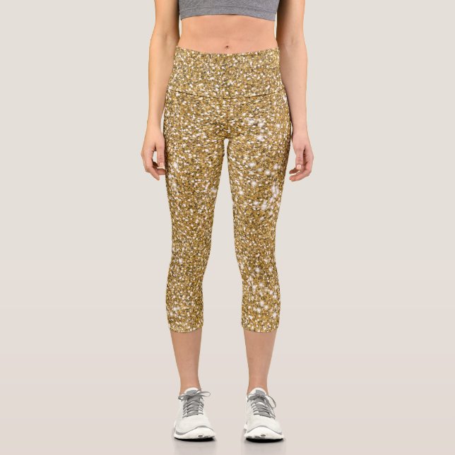 Leggings Capri Faux Golden Yellow Parties scintillant Texture Loo (Recto)