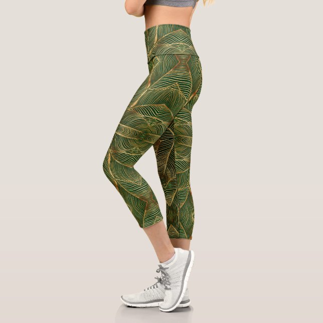 Leggings Capri Feuille d'or Forêt verte Élégant Motif (Gauche)