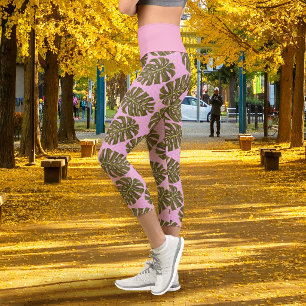 Leggings Capri Feuille Tropicale Monstera Rose Vert