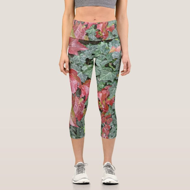 Leggings Capri Feuilles de lierre vert rouge automne saison (Recto)