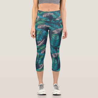Leggings Capri Feuilles de palmiers tropicaux, fougères botanique