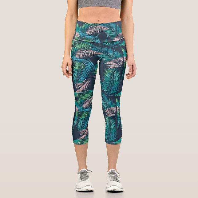 Leggings Capri Feuilles de palmiers tropicaux, fougères botanique (Recto)