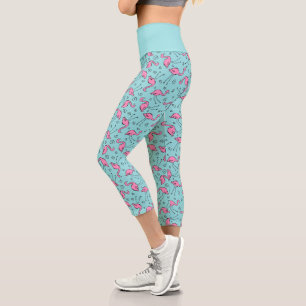 Leggings Capri Flamant rose rose tropical sur Motif bleu Aqua