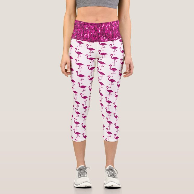 Leggings Capri Flamme rose chaud brillant flamant sur blanc (Recto)