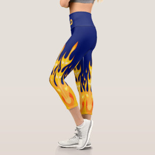 Leggings Capri Flammes jaunes orange en gras sur bleu