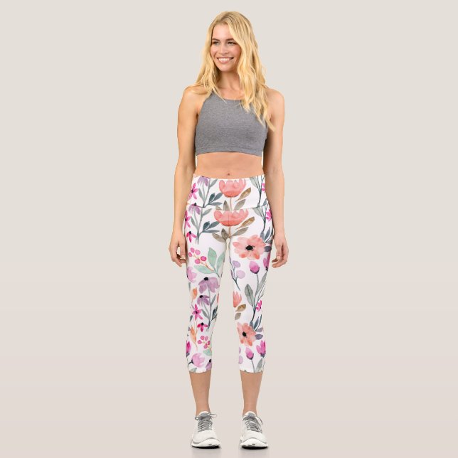 Leggings Capri Fleur d'aquarelle en fleurs douces Motif Pastel (Recto)