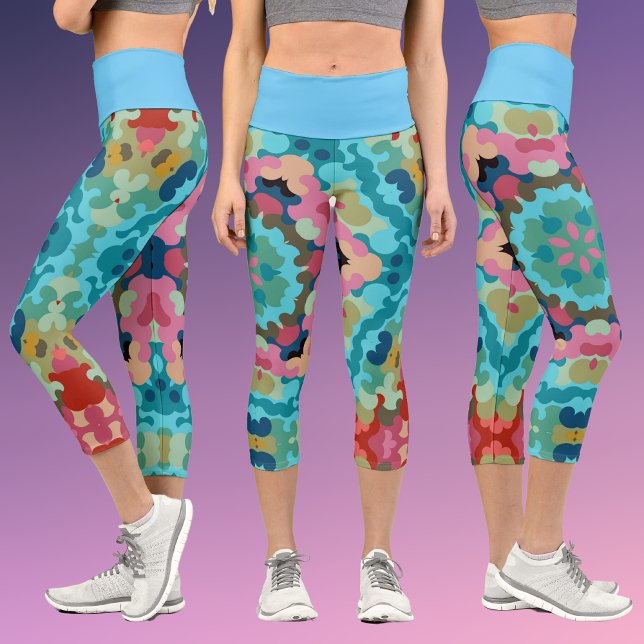 Leggings Capri Fleur de Mandala bleu rose et vert (Créateur téléchargé)