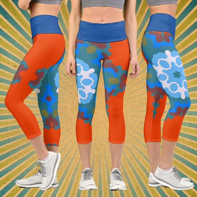 Leggings Capri Fleur de Mandala rétro orange blanc et bleu (Créateur téléchargé)