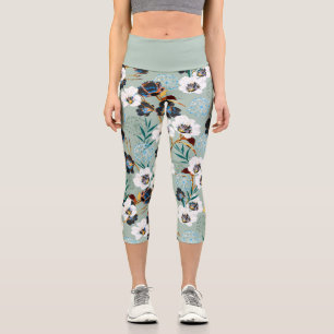 Leggings Capri Fleurs Bleues Bleues Bleues Fleurs Jaunes Cendres