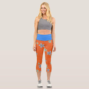 Leggings Capri Fleurs bleues sur orange