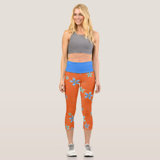 Leggings Capri Fleurs bleues sur orange
