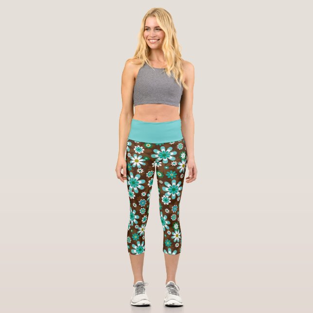 Leggings Capri Fleurs Brown et bleues Retro (Recto)