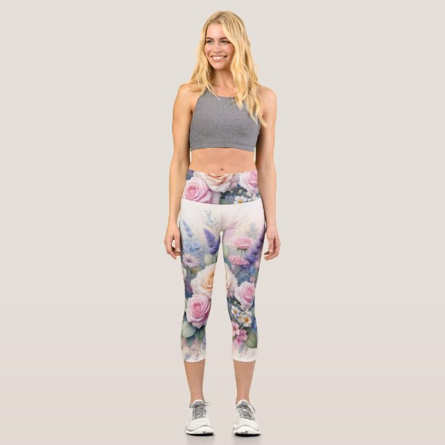 Leggings Capri Fleurs d'aquarelle aux couleurs pastel douces (Recto)