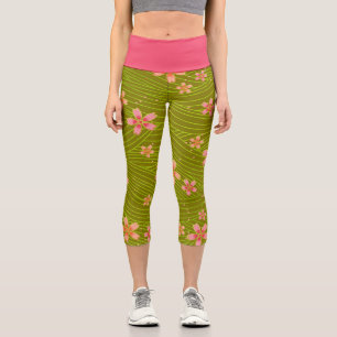 Leggings Capri Fleurs de cerisier sur fond vert