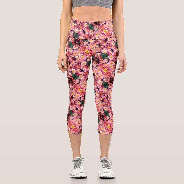 Leggings Capri Fleurs De Faisée Rose Et Motif De Bumble (Recto)