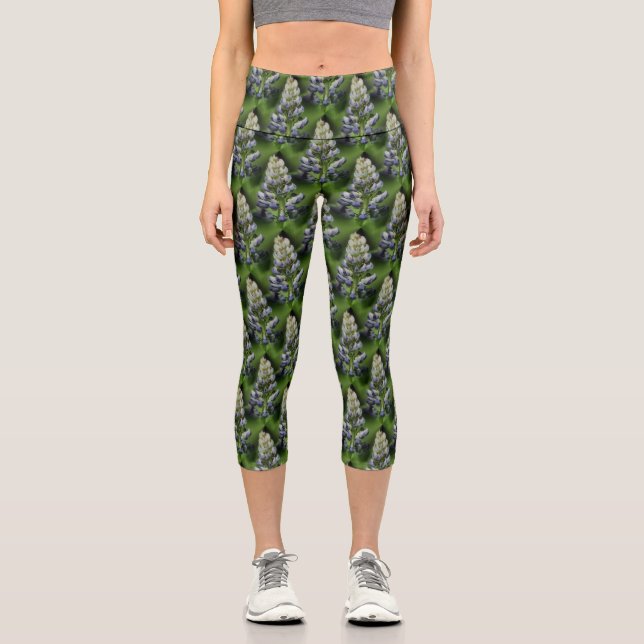 Leggings Capri Fleurs de Lupine Bleu Sauvage Motif naturel (Recto)
