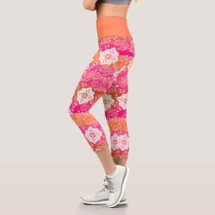 Leggings Capri Fleurs De Paisley Blanches Sur Bandes D'Orange Ros
