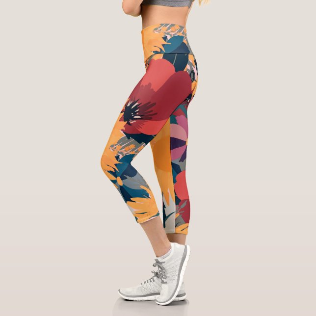Leggings Capri Fleurs de soleil modernes Floral Automne Couleurs  (Gauche)