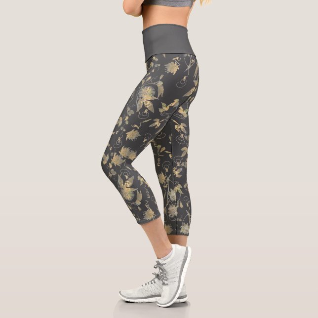 Leggings Capri Fleurs d'or élégantes sur gris foncé (Gauche)