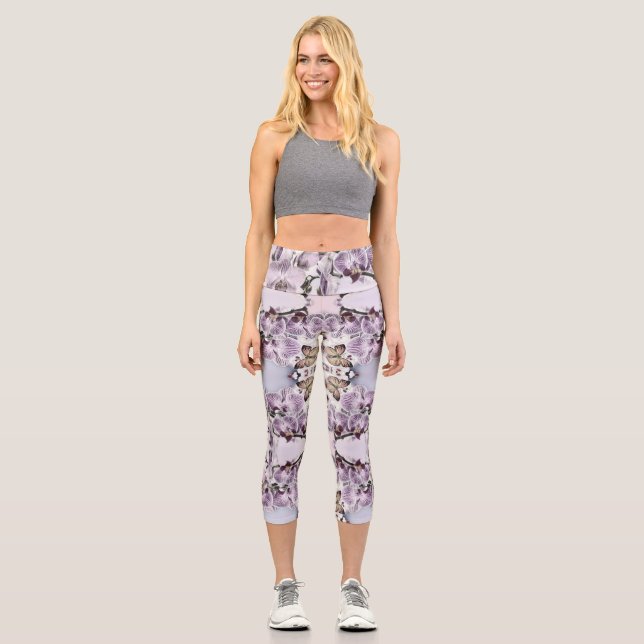 Leggings Capri Fleurs d'orchidées roses et dessin de papillon (Recto)