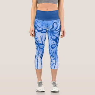 Leggings Capri Fleurs encrées Abstraites bleu