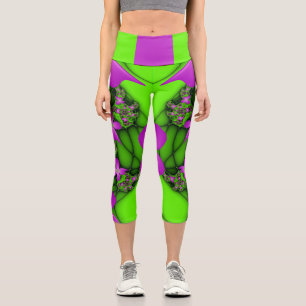 Leggings Capri Fleurs fractales Abstraites de néon rose vert