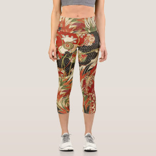 Leggings Capri FLEURS JAPONAISES ANCIENNES Rouge Vert Noir Floral