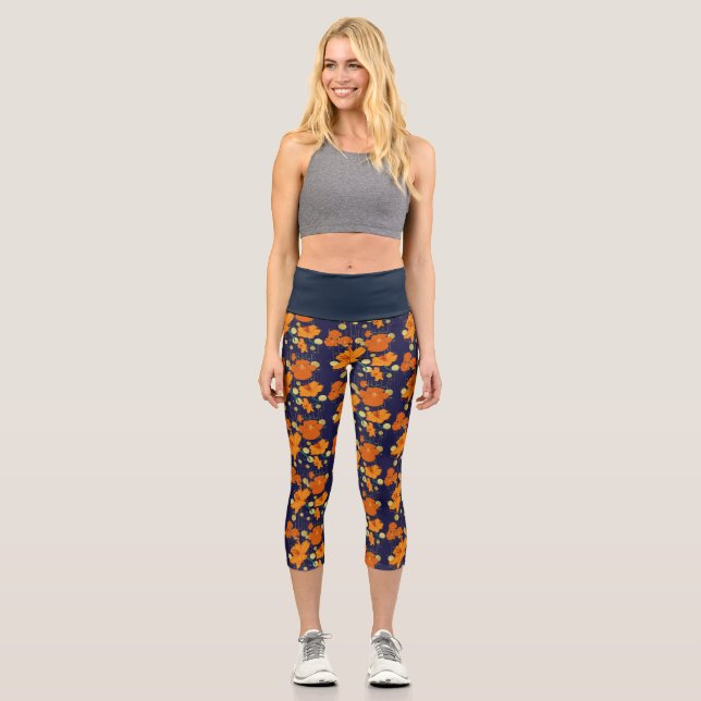 Leggings Capri fleurs orange foncé motif (Recto)