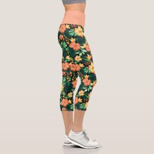 Leggings Capri Fleurs oranges et vertes tropicales motif floral