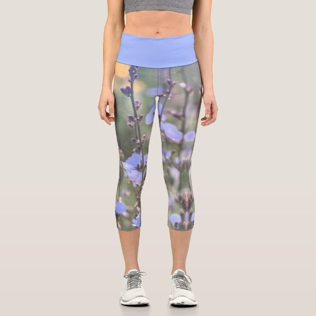 Leggings Capri Fleurs Plantes Pale Violet Bleu Chicoré (Recto)