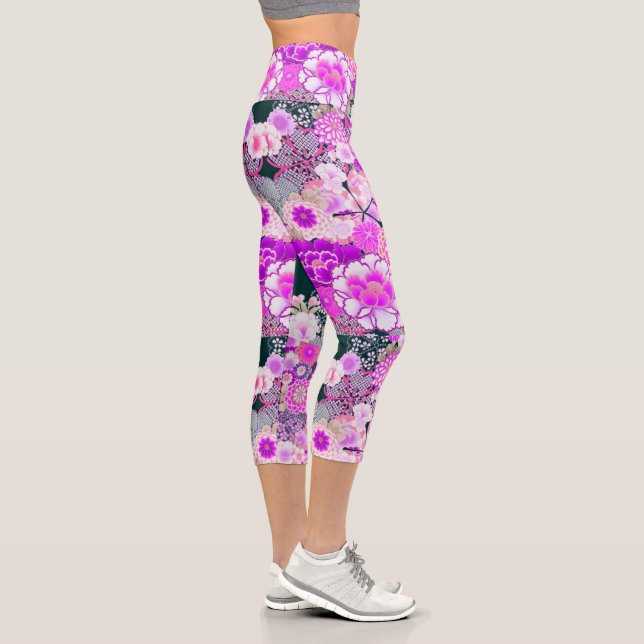 Leggings Capri FLEURS ROSES BLANCHES Rose pivoine Floral japonais (Droite)