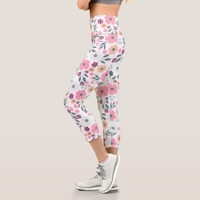 Leggings Capri Fleurs roses Botanique Blanc Design (Gauche)