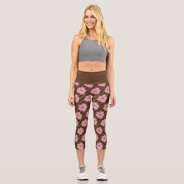 Leggings Capri Fleurs Roses Et Rayures Haut Taille Capri (Recto)